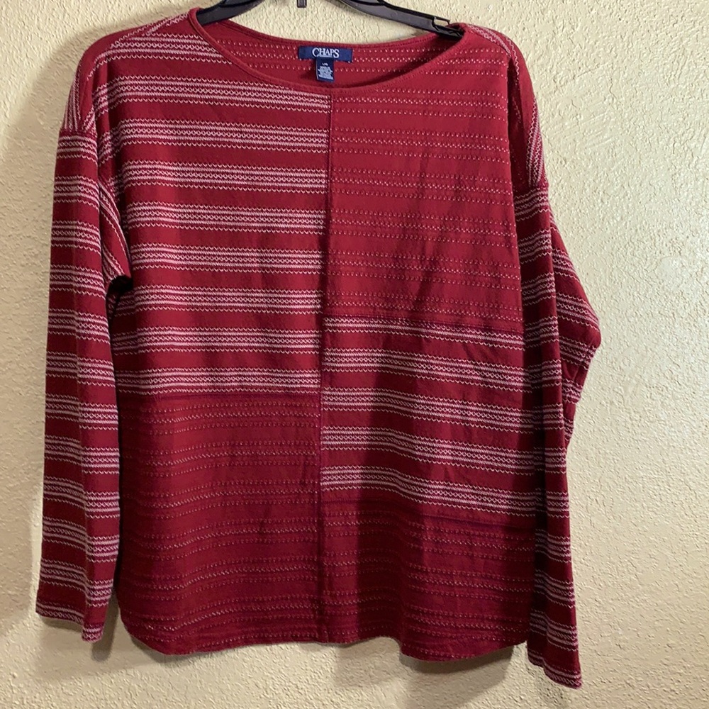 Chaps Knit Top Blouse Dark Red Burgundy with White Embroidery Stretchy Cotton